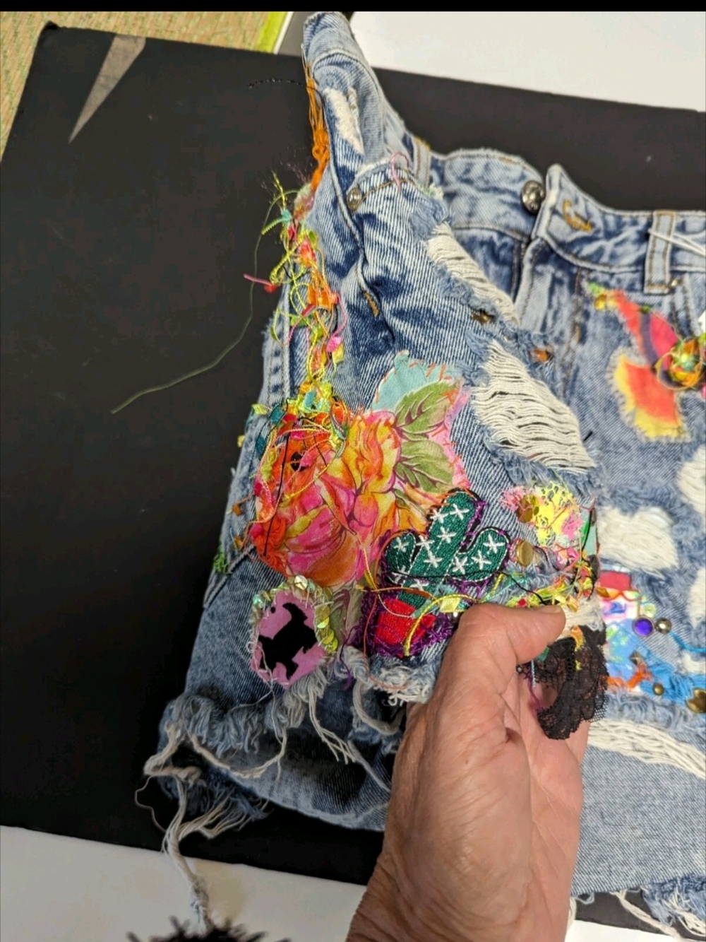 Distressed Embroidered Denim Shorts High Waisted New Patchwork Hippie - Picture 5 of 10